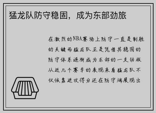 猛龙队防守稳固，成为东部劲旅